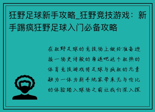 狂野足球新手攻略_狂野竞技游戏：新手踢疯狂野足球入门必备攻略