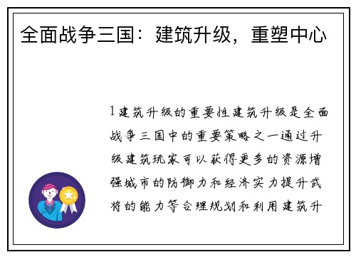 全面战争三国：建筑升级，重塑中心
